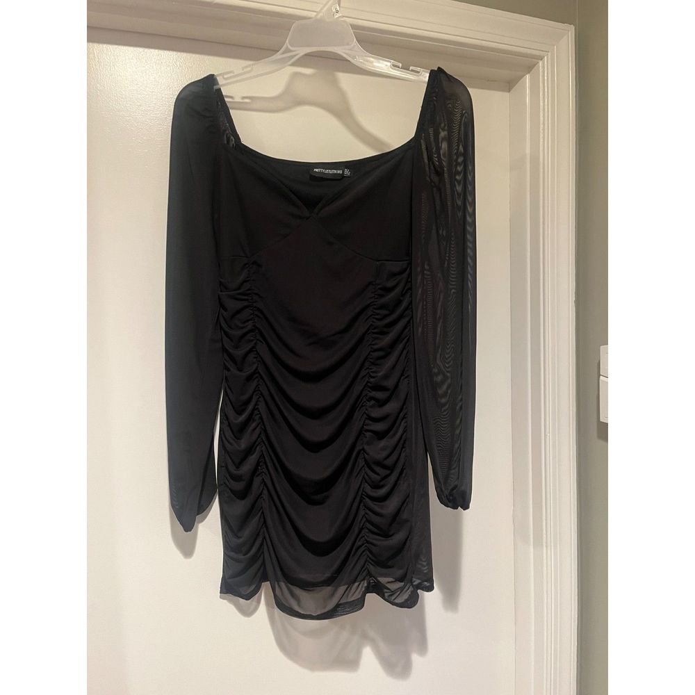 Black Pretty Little Thing Bodycon Dress Size 4 Semi Sheer Lined Ruched Party